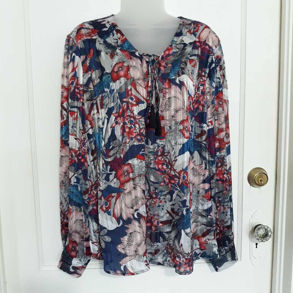 FADED GLORY Sheer Floral Tunic Top Red Blue XL
